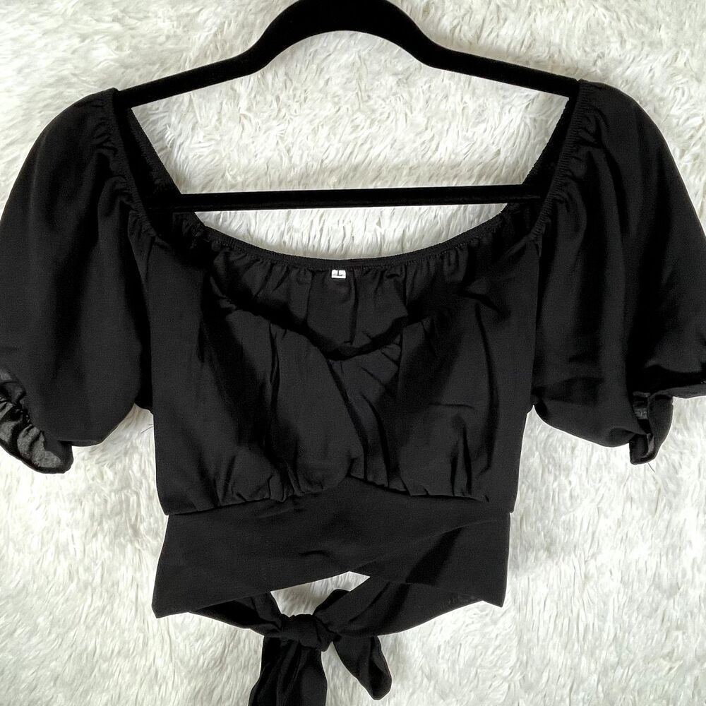 Boutique Tie Back Black Crop Top Peasant Blouse Womens Size Large - Picture 2 of 8